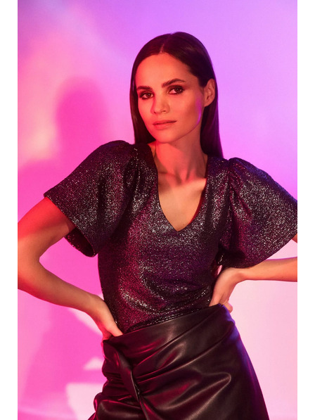 Moodo Bluza z V-izrezom in napihnjnimi kratkimi rokavi črna Moodo