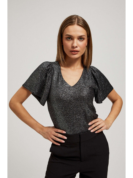 Moodo Bluza z V-izrezom in napihnjnimi kratkimi rokavi črna Moodo