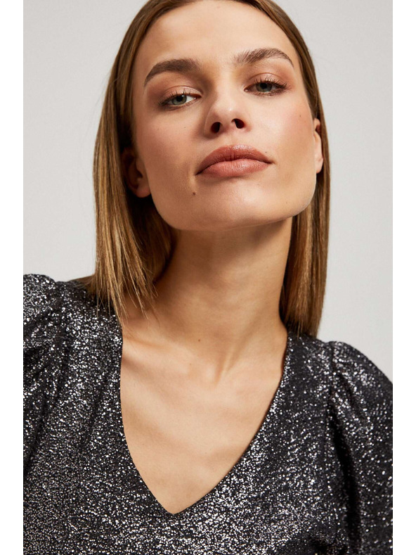 Moodo Bluza z V-izrezom in napihnjnimi kratkimi rokavi črna Moodo