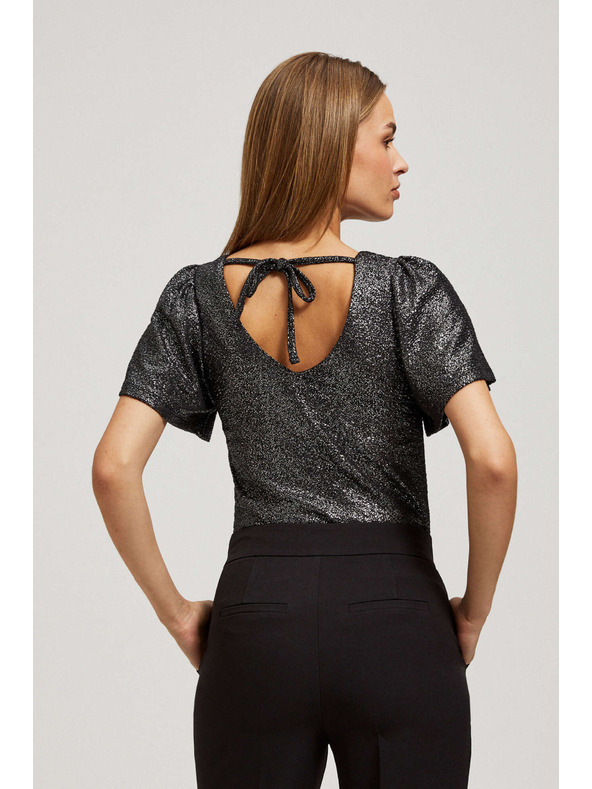 Moodo Bluza z V-izrezom in napihnjnimi kratkimi rokavi črna Moodo