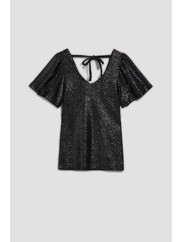 Moodo Bluza z V-izrezom in napihnjnimi kratkimi rokavi črna Moodo