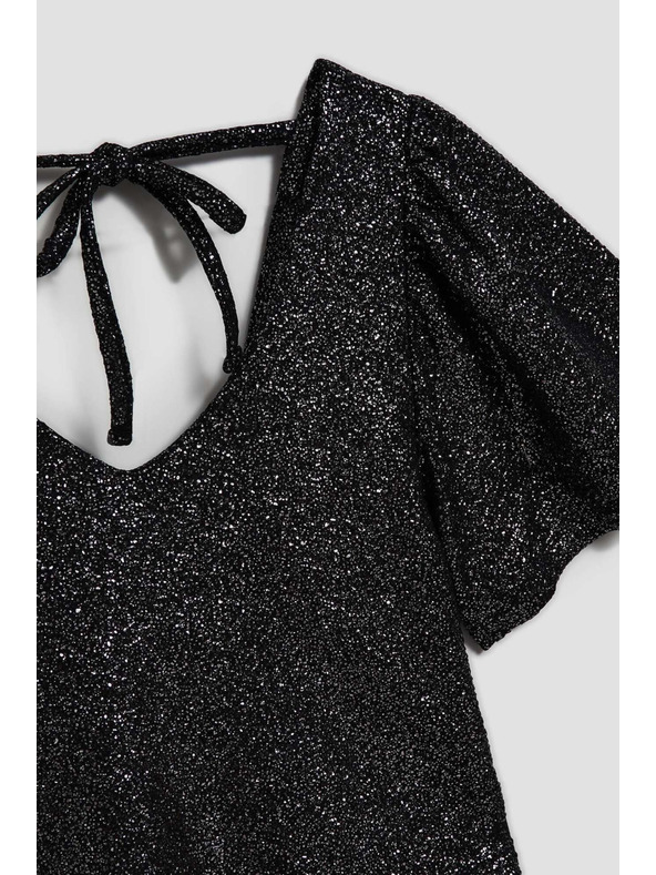 Moodo Bluza z V-izrezom in napihnjnimi kratkimi rokavi črna Moodo