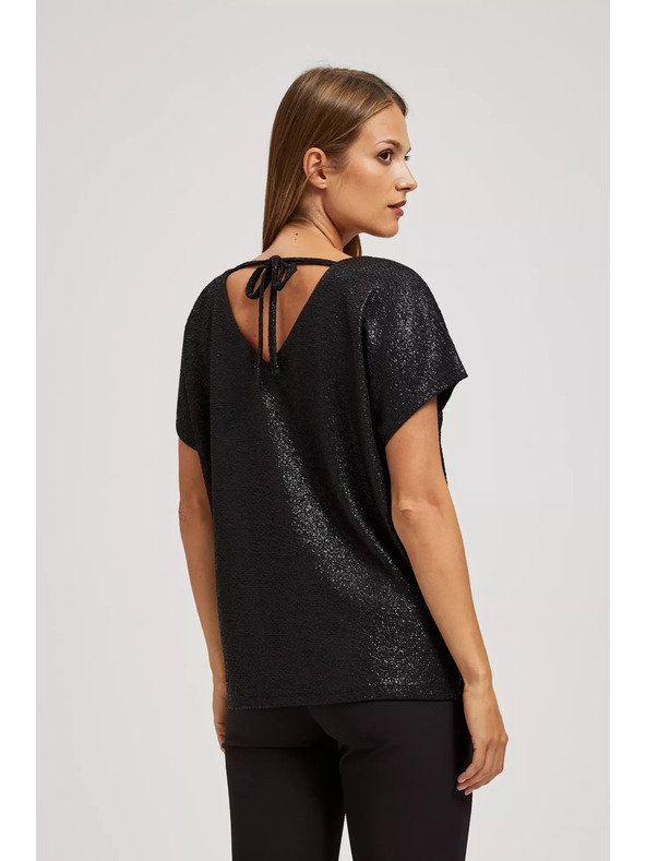 Moodo Elegantna črna bluza z V-izrezom iz sijajnega materiala Moodo