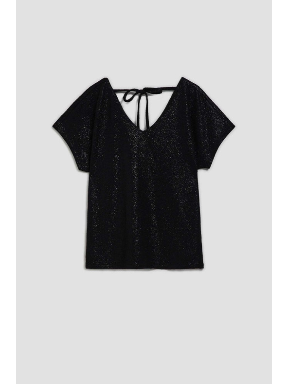 Moodo Elegantna črna bluza z V-izrezom iz sijajnega materiala Moodo
