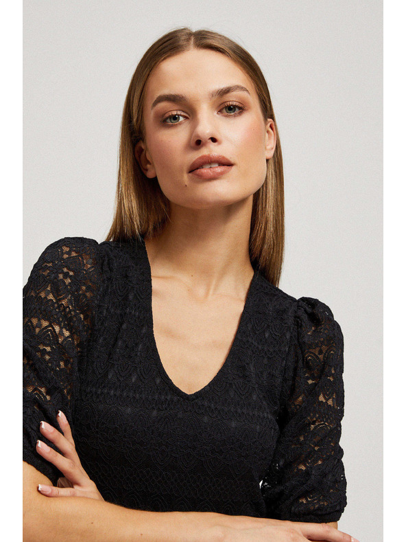 Moodo Črna čipkasta bluza z napihnjnimi rokavi Moodo