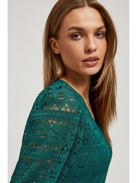 Moodo Smaragdna čipkasta bluza z napihnjnimi rokavi Moodo