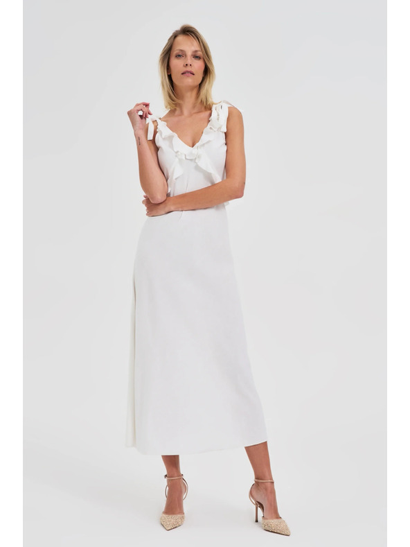 Moodo Bele midi obleke z volani na izrezu Moodo
