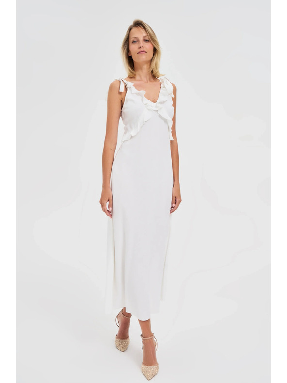 Moodo Bele midi obleke z volani na izrezu Moodo