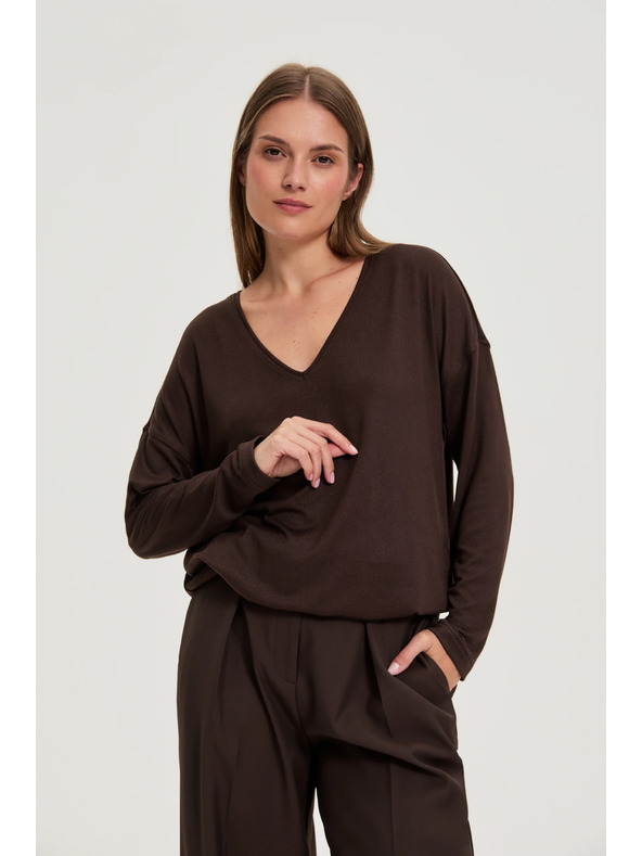 Moodo Rjav pulover z V izrezom Moodo