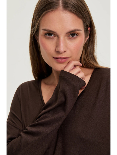 Moodo Rjav pulover z V izrezom Moodo