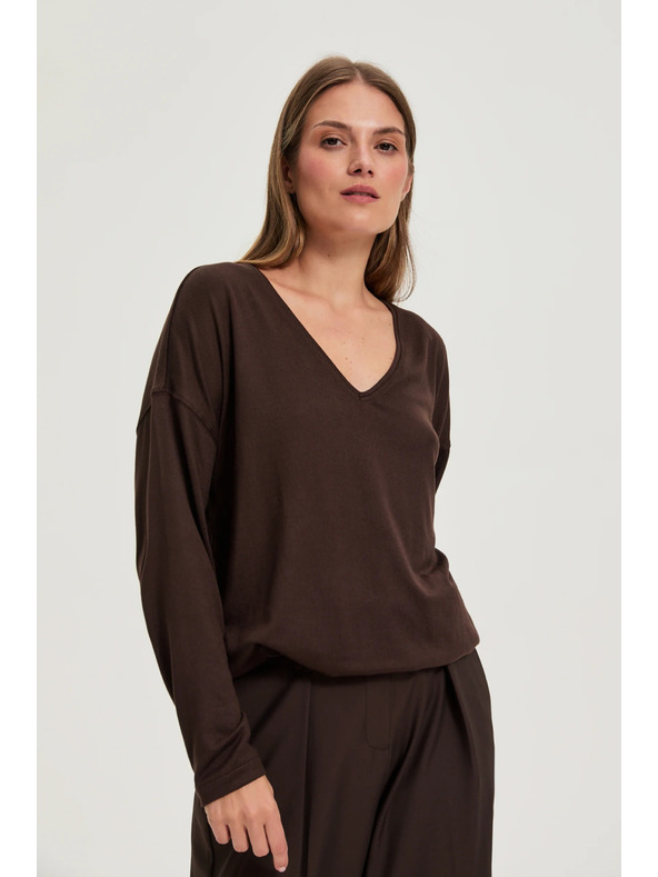 Moodo Rjav pulover z V izrezom Moodo