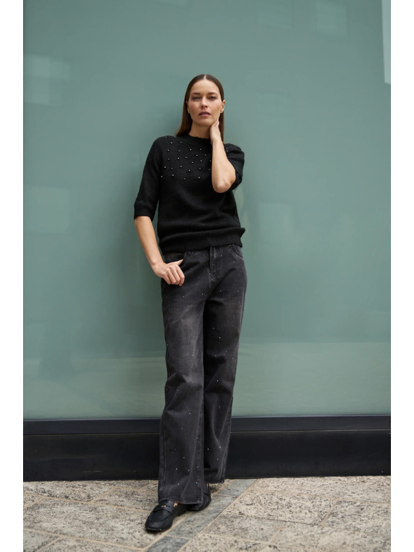 Moodo Pulover, okrašen z biseri, črn Moodo