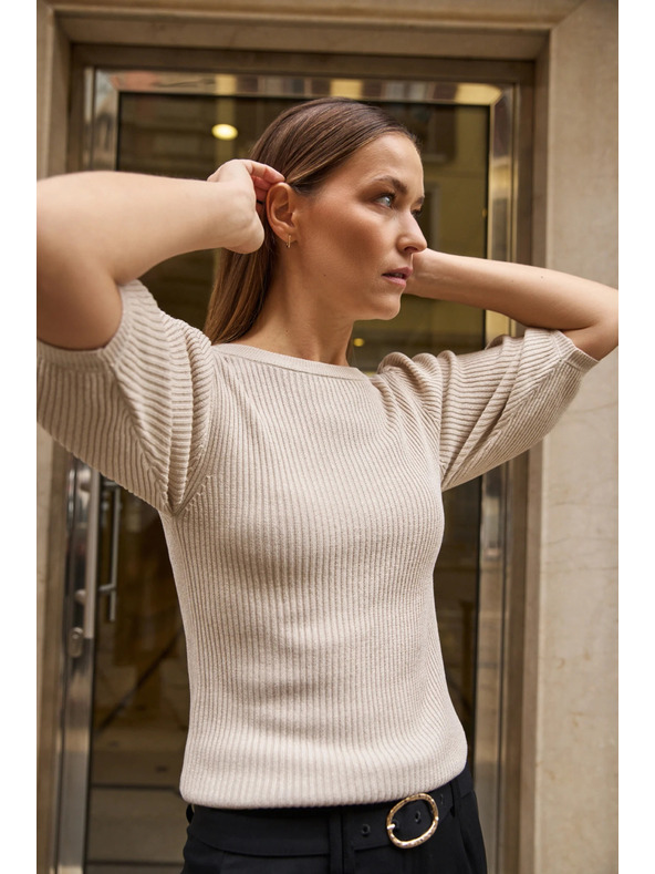 Moodo Rebrast bež pulover z napihnjeni rokavi Moodo