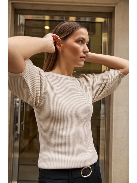 Moodo Rebrast bež pulover z napihnjeni rokavi Moodo