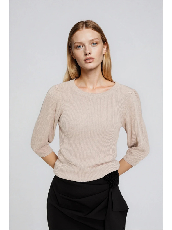 Moodo Rebrast bež pulover z napihnjeni rokavi Moodo