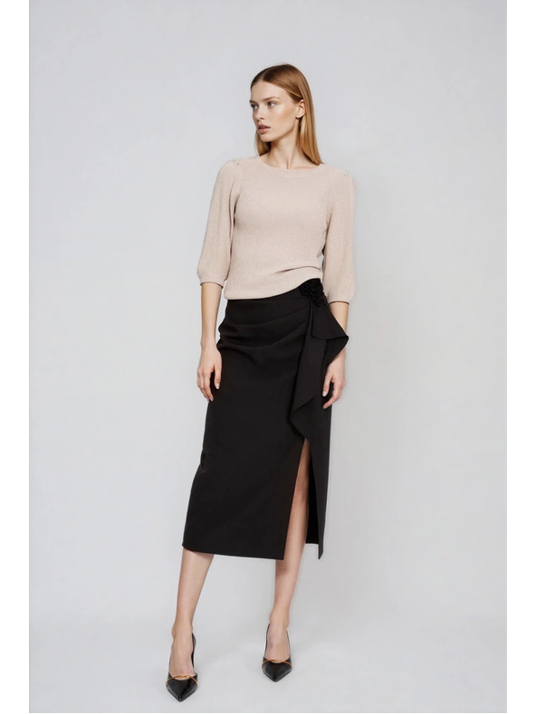 Moodo Rebrast bež pulover z napihnjeni rokavi Moodo