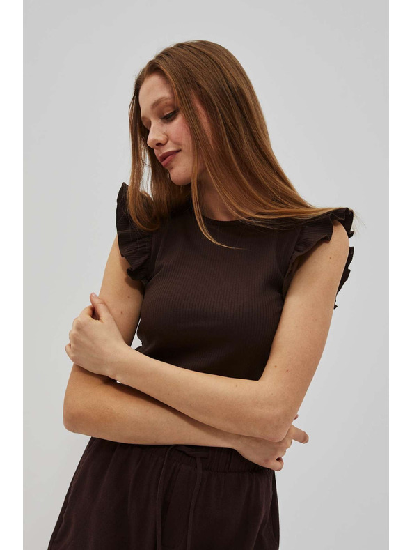 Moodo Temno rjava bluza z volani na ramenih Moodo