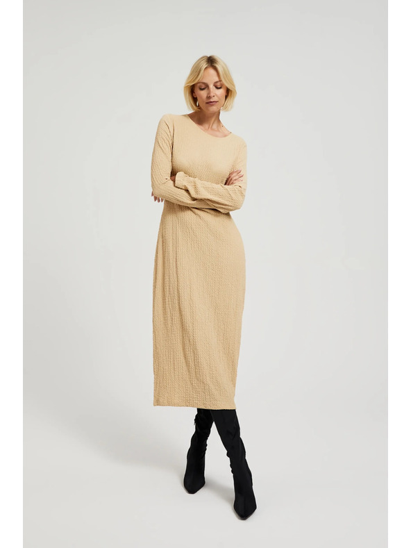 Moodo Bež midi obleke z dolgimi rokavi Moodo