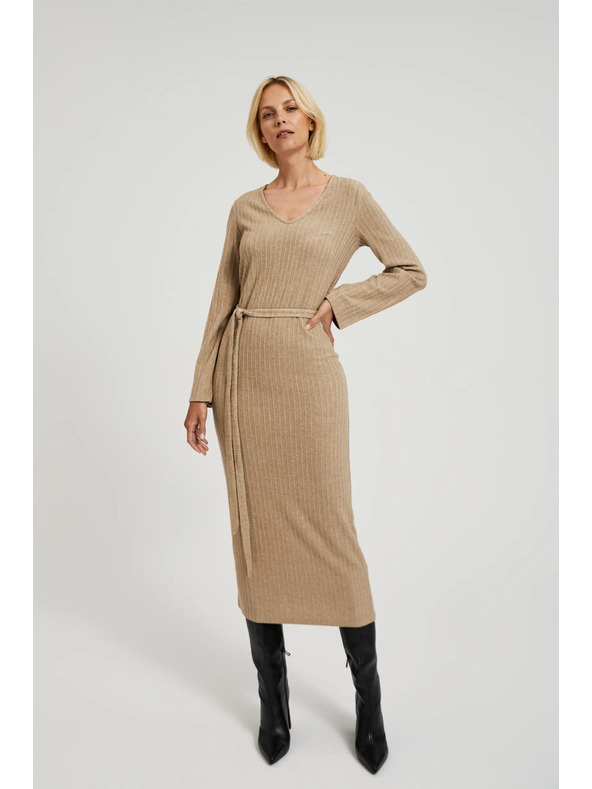 Moodo Žebrované midi obleka bež barve Moodo