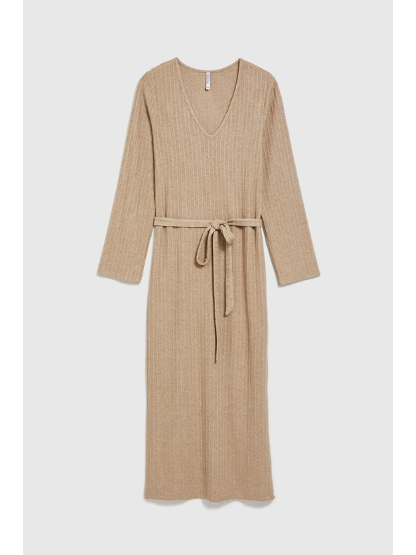 Moodo Žebrované midi obleka bež barve Moodo