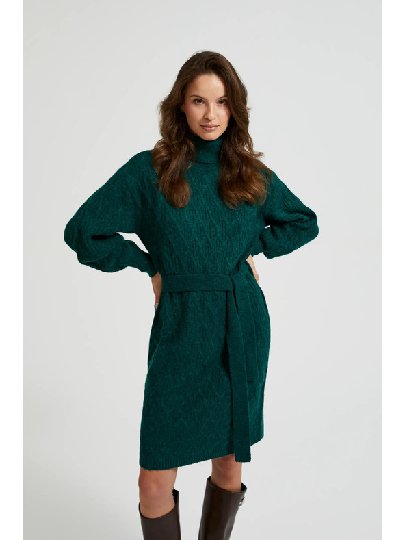 Moodo Zelena pletena obleka z ovratnikom in napihnjnimi rokavi Moodo