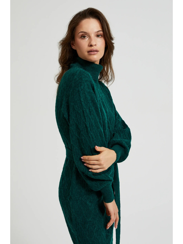Moodo Zelena pletena obleka z ovratnikom in napihnjnimi rokavi Moodo