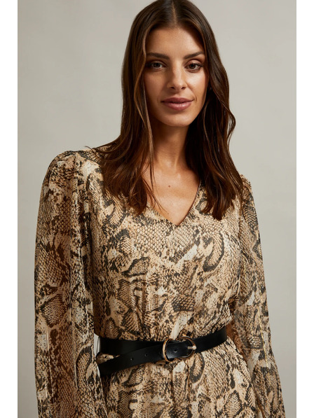 Moodo Bež obleka z napihnjnimi rokavi in živalskim vzorcem Moodo