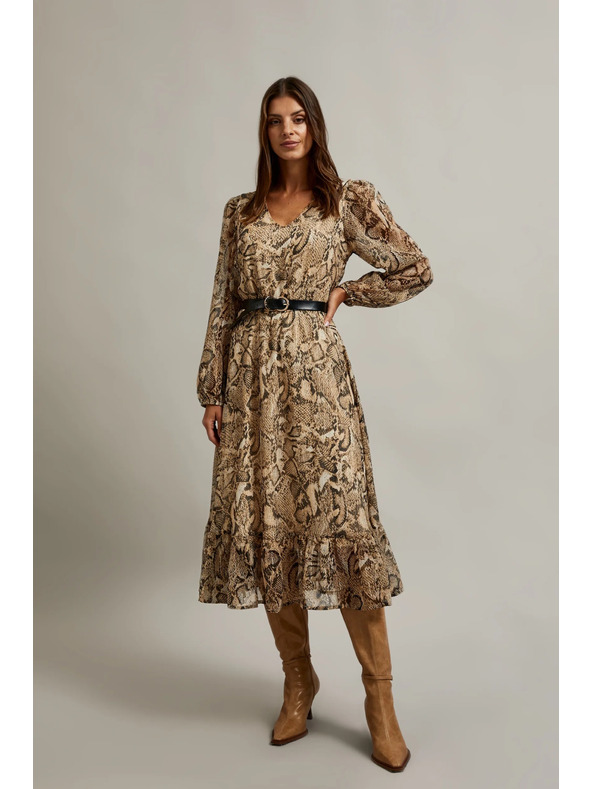 Moodo Bež obleka z napihnjnimi rokavi in živalskim vzorcem Moodo