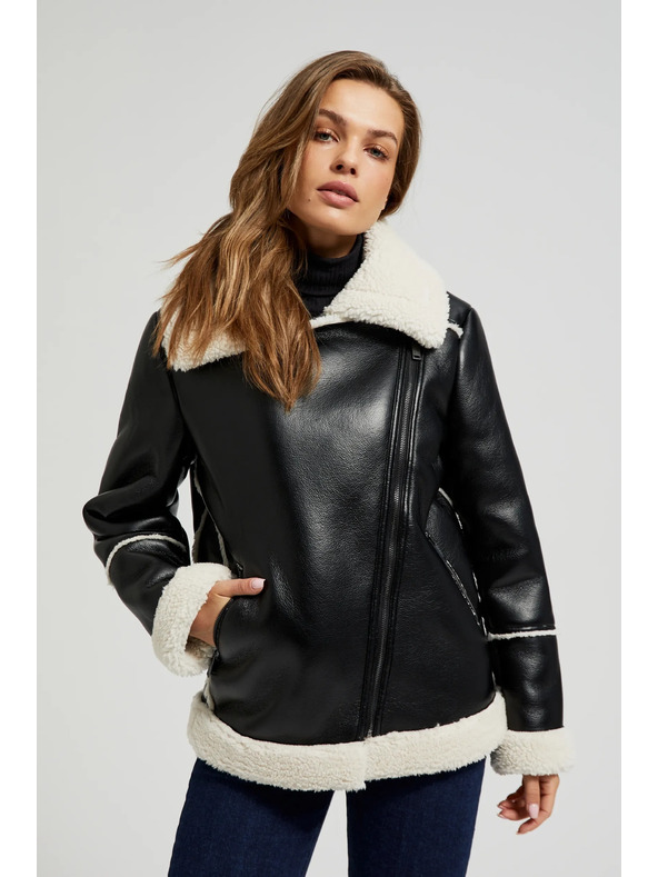 Moodo Črna jakna s krznenim ovratnikom Moodo