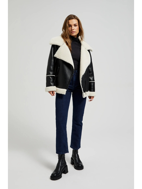 Moodo Črna jakna s krznenim ovratnikom Moodo