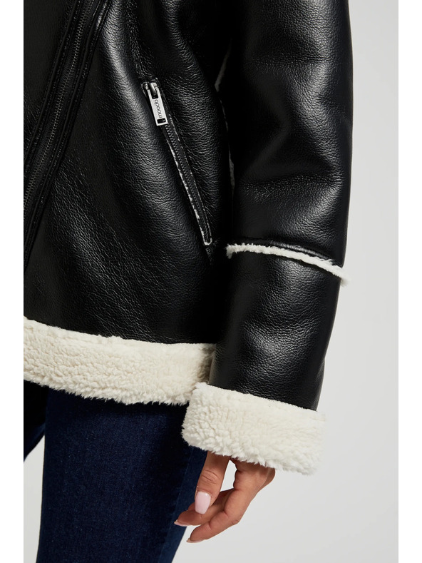 Moodo Črna jakna s krznenim ovratnikom Moodo