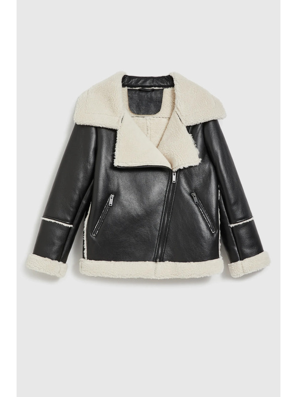 Moodo Črna jakna s krznenim ovratnikom Moodo