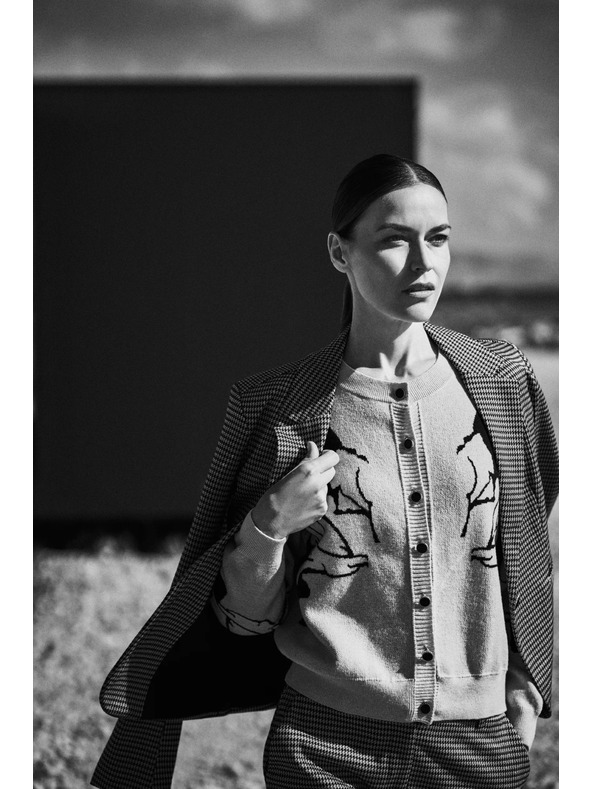 Moodo Enostranski blazer v pied-de-poule vzorcu bež Moodo