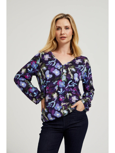 Moodo Mornarsko modra cvetlična bluza z V-izrezom Moodo