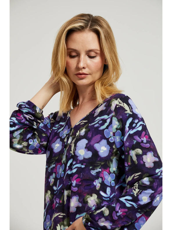 Moodo Mornarsko modra cvetlična bluza z V-izrezom Moodo