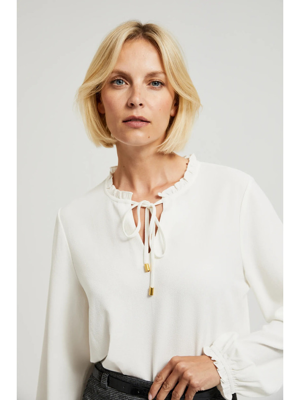 Moodo Bela bluza z zavezovanjem na izrezu in napihnjenimi rokavi Moodo