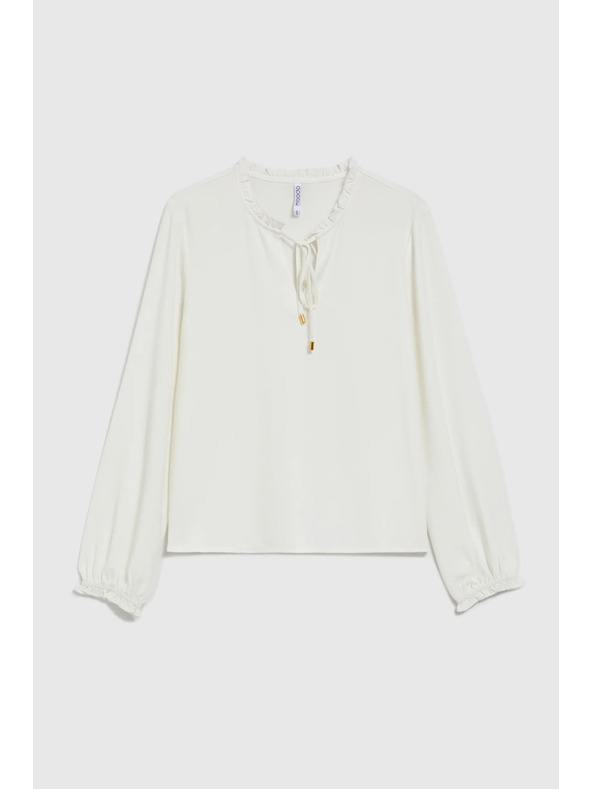 Moodo Bela bluza z zavezovanjem na izrezu in napihnjenimi rokavi Moodo