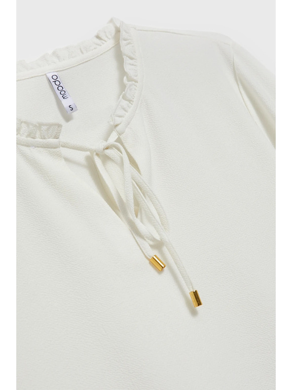 Moodo Bela bluza z zavezovanjem na izrezu in napihnjenimi rokavi Moodo
