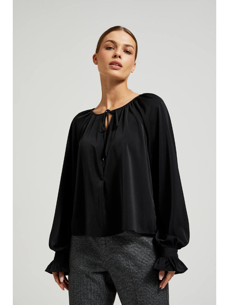 Moodo Črna srajca z nabranimi rokavi in zavezanim izrezom Moodo
