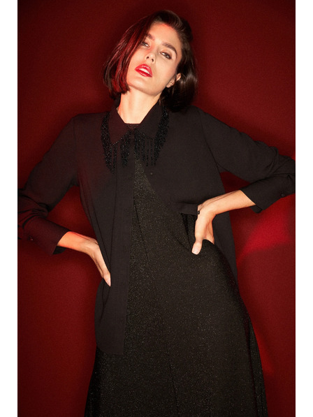 Moodo Črna bluza z ročno prišitimi biseri Moodo