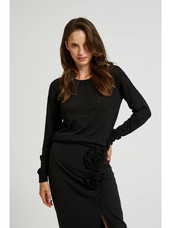 Moodo Pulover z dolgimi rokavi okrašen z metalnim nitjem črn Moodo