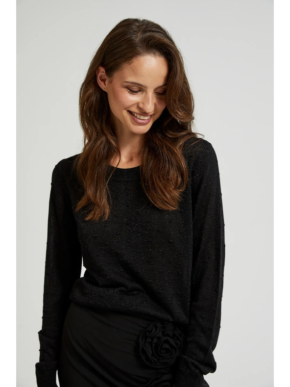 Moodo Pulover z dolgimi rokavi okrašen z metalnim nitjem črn Moodo