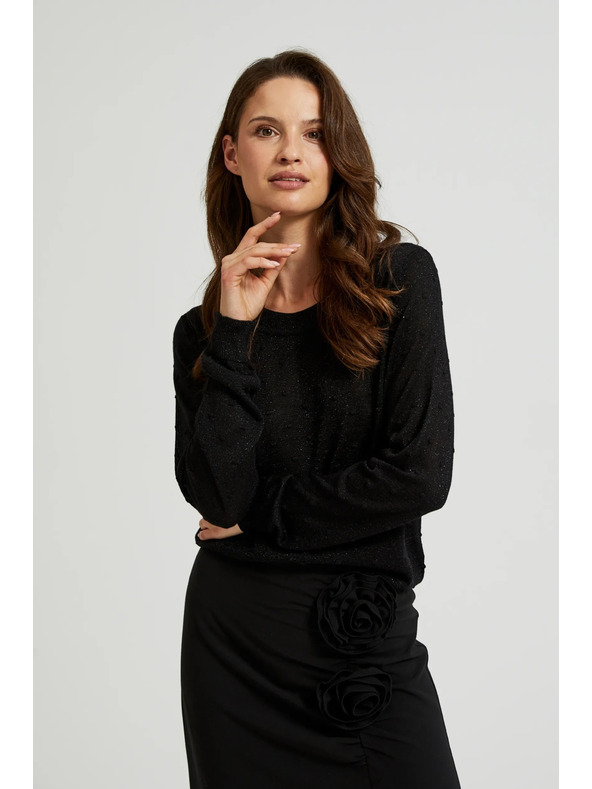 Moodo Pulover z dolgimi rokavi okrašen z metalnim nitjem črn Moodo
