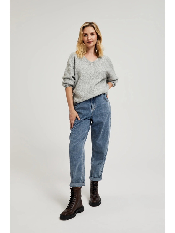 Moodo Gladek pulover z V-izrezom in rebrastim vzorcem siv Moodo