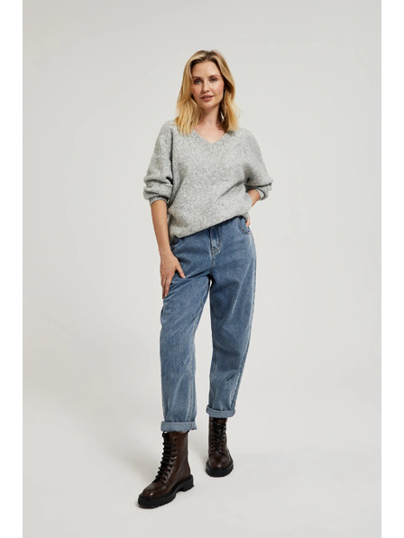 Moodo Gladek pulover z V-izrezom in rebrastim vzorcem siv Moodo