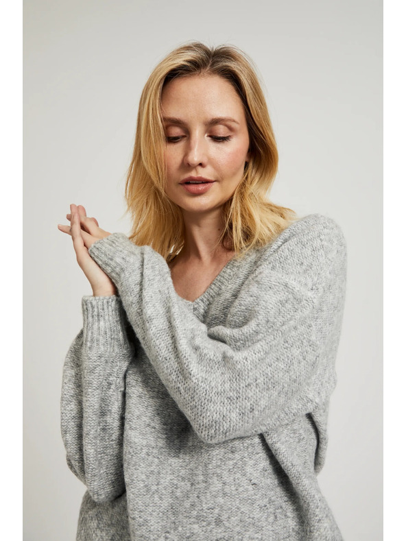 Moodo Gladek pulover z V-izrezom in rebrastim vzorcem siv Moodo