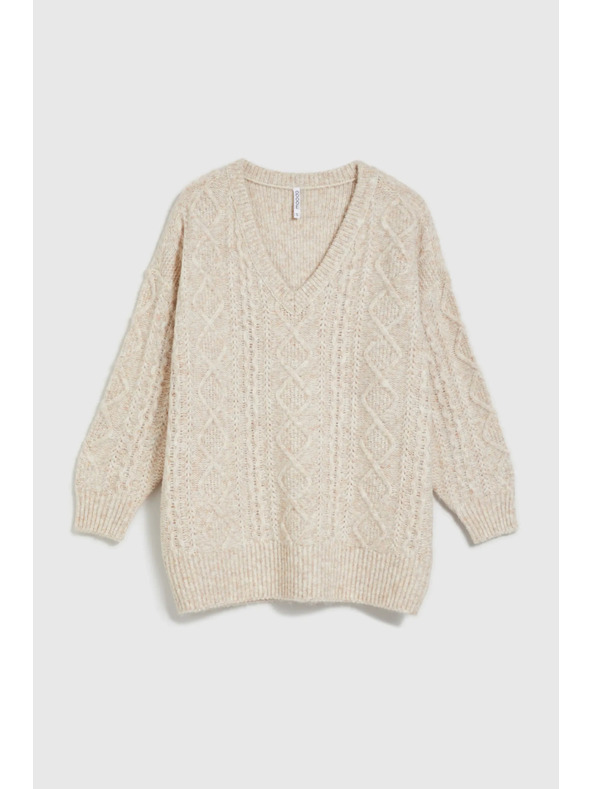 Moodo Pleteni bež pulover z V-izrezom Moodo