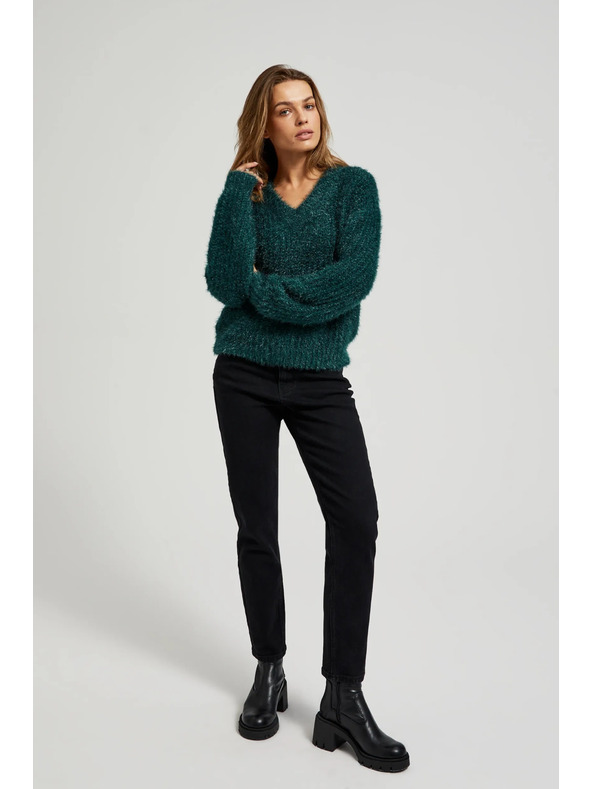 Moodo Kosmat pulover z metalnim nitjem zelen Moodo