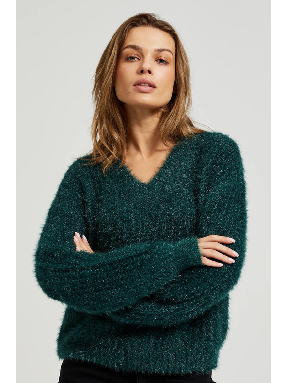 Moodo Kosmat pulover z metalnim nitjem zelen Moodo