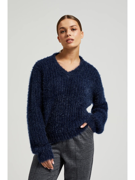 Moodo Kosmat pulover z metalnim nitjem temno moder Moodo